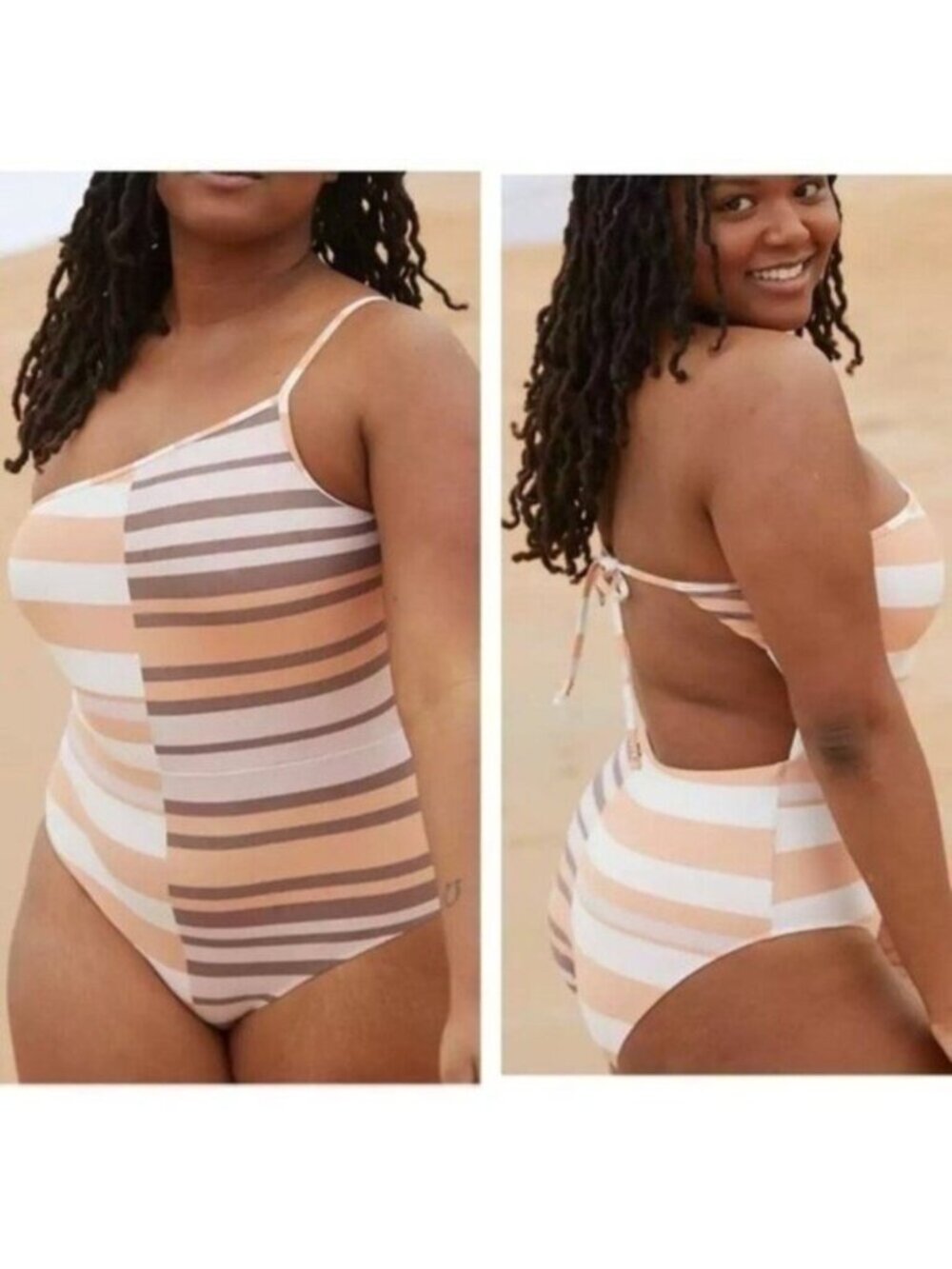 Aerie AE Printed One Shoulder One Piece Bathing Suit peach Gray Tan